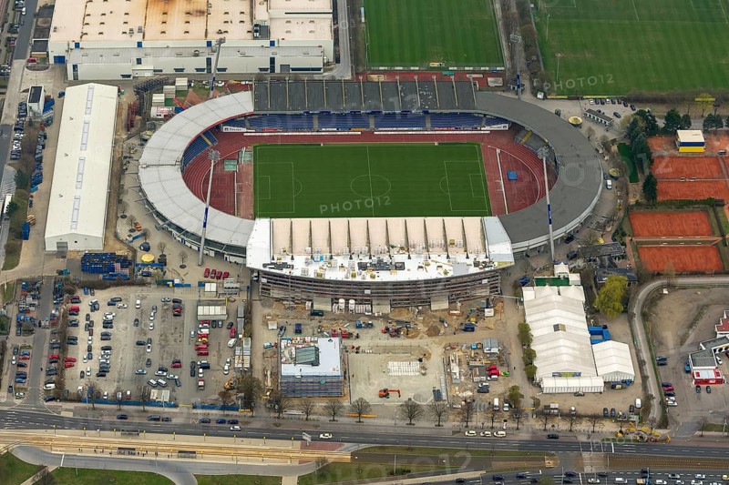 Eintracht Braunschweig stadium with west and east stands, Braunschweiger Turn- und Sportverein Eintracht von 1895 e. V. (BTSV), Bundesliga stadium, aerial view, aerial photography of the city of Braunschweig, Braunschweig, Ruhr area, Lower Saxony, Germany, Europe, birds-eyes view, aerial photography, aerial photography, overview, overview, bird's-eye view