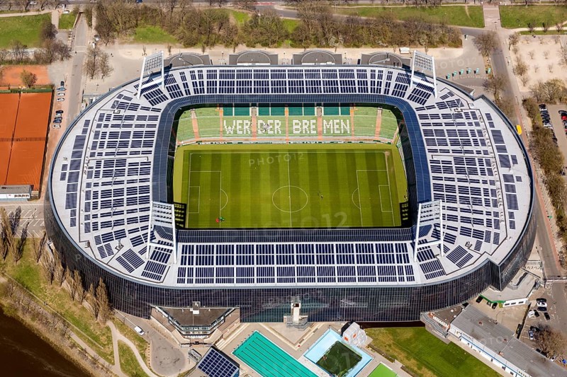 Weser stadium of SV Werder Bremen GmbH & Co. KGaA, Bundesliga, football club, solar roof, stadium football stadium on the Weser, aerial photo, aerial photography of Bremen, Bremen, Germany, Europe, birds-eyes view, aerial photography, aerial photography, overview, overview, bird's eye view