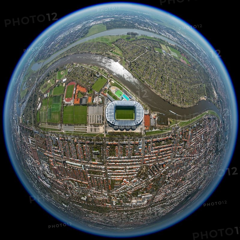 Weser stadium of SV Werder Bremen GmbH & Co. KGaA, Bundesliga, football club, solar roof, stadium football stadium on the Weser, aerial view, aerial photography of Bremen, Bremen, Germany, Europe, birds-eyes view, aerial photography, aerial photography, overview, bird's eye view, fisheye lens, fisheye lens