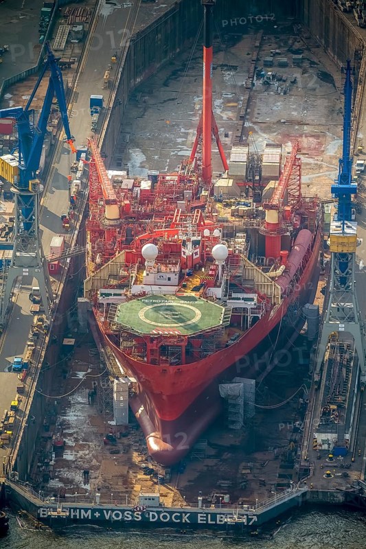Hamburg harbour, Blohm + Voss shipyard, oil production ship on speech, Petrojarl Banff, Hamburg, Germany, Europe, aerial photo, birds-eyes view, aerial photography, aerial photography, overview, bird's eye view