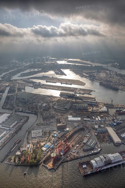 Hamburg harbour, Blohm + Voss shipyard, oil production ship on speech, Petrojarl Banff, Hamburg, Germany, Europe, aerial photo, birds-eyes view, aerial photography, aerial photography, overview, bird's eye view