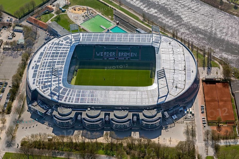 Weser stadium of SV Werder Bremen GmbH & Co. KGaA, Bundesliga, football club, solar roof, stadium football stadium on the Weser, aerial photo, aerial photography of Bremen, Bremen, Germany, Europe, birds-eyes view, aerial photography, aerial photography, overview, overview, bird's eye view