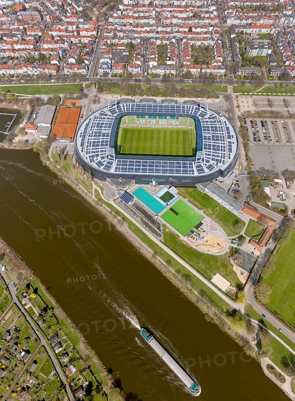 Weser stadium of SV Werder Bremen GmbH & Co. KGaA, Bundesliga, football club, solar roof, stadium football stadium on the Weser, aerial photo, aerial photography of Bremen, Bremen, Germany, Europe, birds-eyes view, aerial photography, aerial photography, overview, overview, bird's eye view