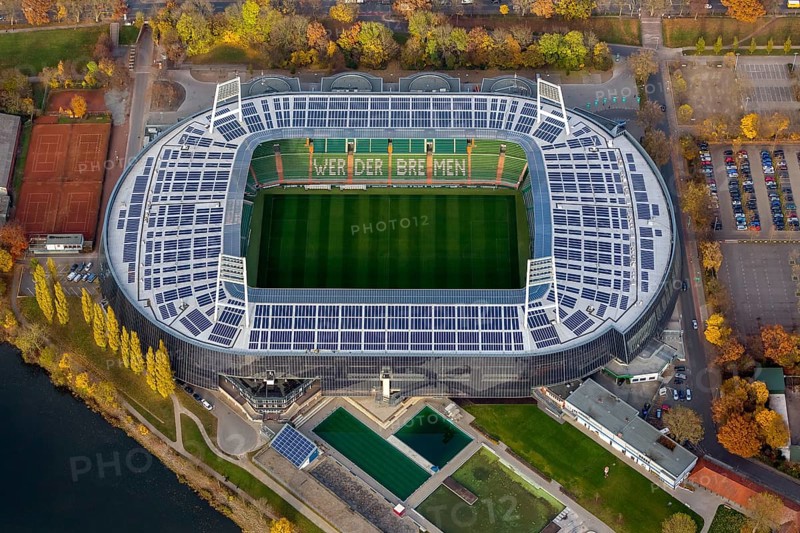 Aerial view, stadium of the Bundesliga club SV Werder Bremen, Weserstadion, Wuseum, photovoltaics, Bremen, Germany, Europe, birds-eyes view, aerial photography, aerial photography, overview, overview, bird's eye view