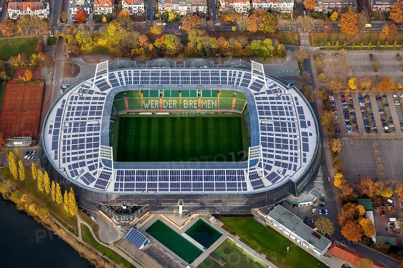 Aerial view, stadium of the Bundesliga club SV Werder Bremen, Weserstadion, Wuseum, photovoltaics, Bremen, Germany, Europe, birds-eyes view, aerial photography, aerial photography, overview, overview, bird's eye view