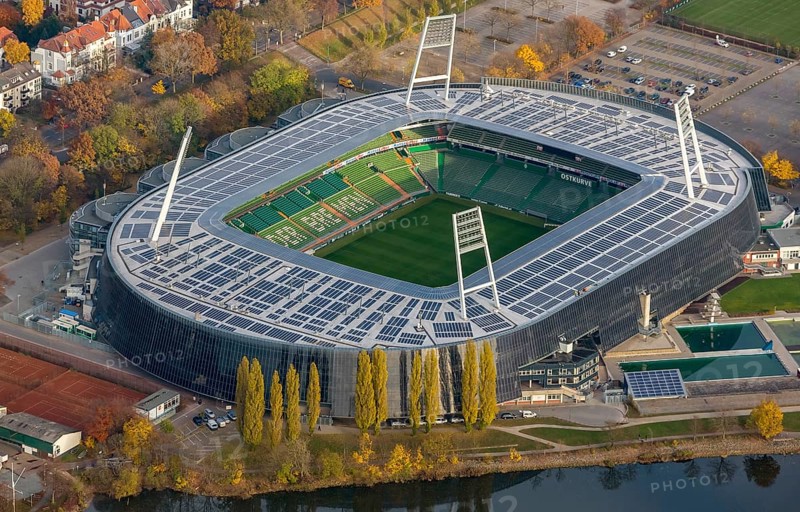 Aerial view, stadium of the Bundesliga club SV Werder Bremen, Weserstadion, Wuseum, photovoltaics, Bremen, Germany, Europe, birds-eyes view, aerial photography, aerial photography, overview, overview, bird's eye view
