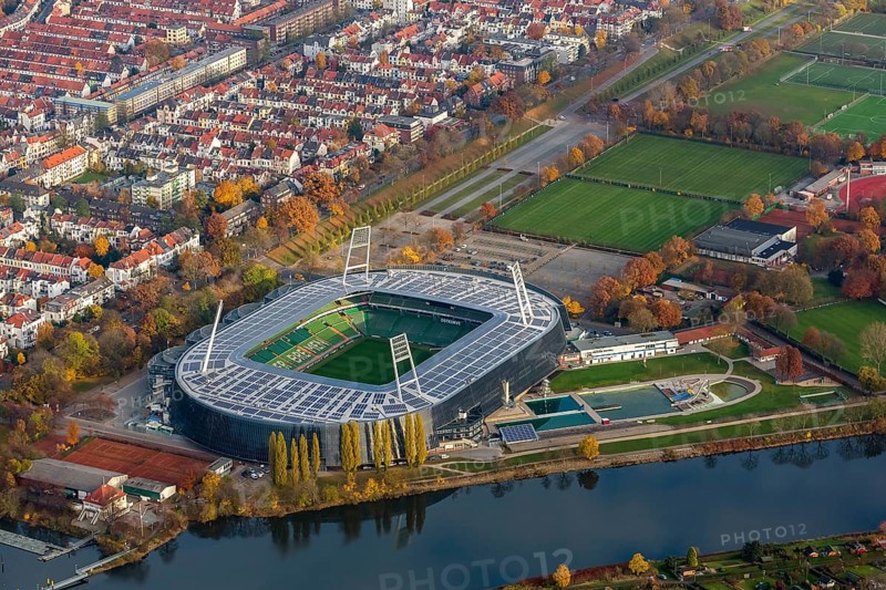 Aerial view, stadium of the Bundesliga club SV Werder Bremen, Weserstadion, Wuseum, photovoltaics, Bremen, Germany, Europe, birds-eyes view, aerial photography, aerial photography, overview, overview, bird's eye view