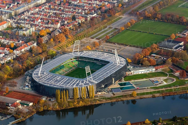 Aerial view, stadium of the Bundesliga club SV Werder Bremen, Weserstadion, Wuseum, photovoltaics, Bremen, Germany, Europe, birds-eyes view, aerial photography, aerial photography, overview, overview, bird's eye view