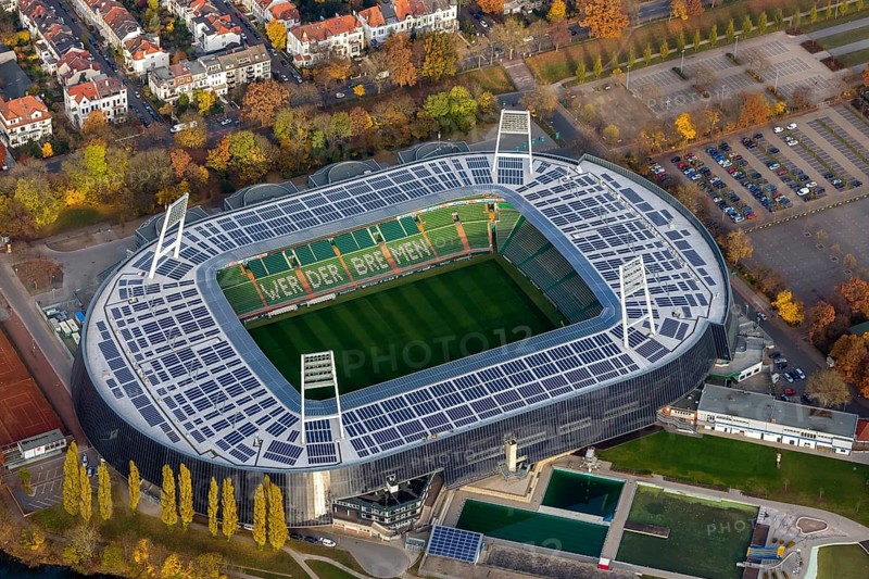 Aerial view, stadium of the Bundesliga club SV Werder Bremen, Weserstadion, Wuseum, photovoltaics, Bremen, Germany, Europe, birds-eyes view, aerial photography, aerial photography, overview, overview, bird's eye view
