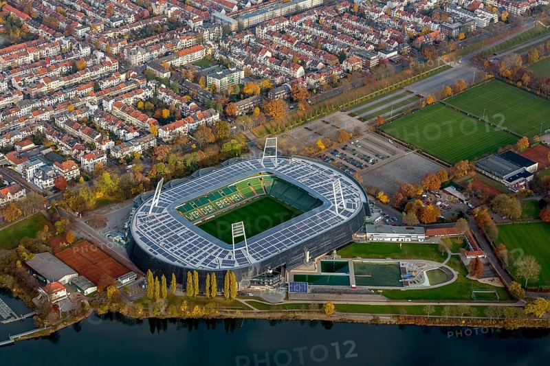 Aerial view, stadium of the Bundesliga club SV Werder Bremen, Weserstadion, Wuseum, photovoltaics, Bremen, Germany, Europe, birds-eyes view, aerial photography, aerial photography, overview, overview, bird's eye view
