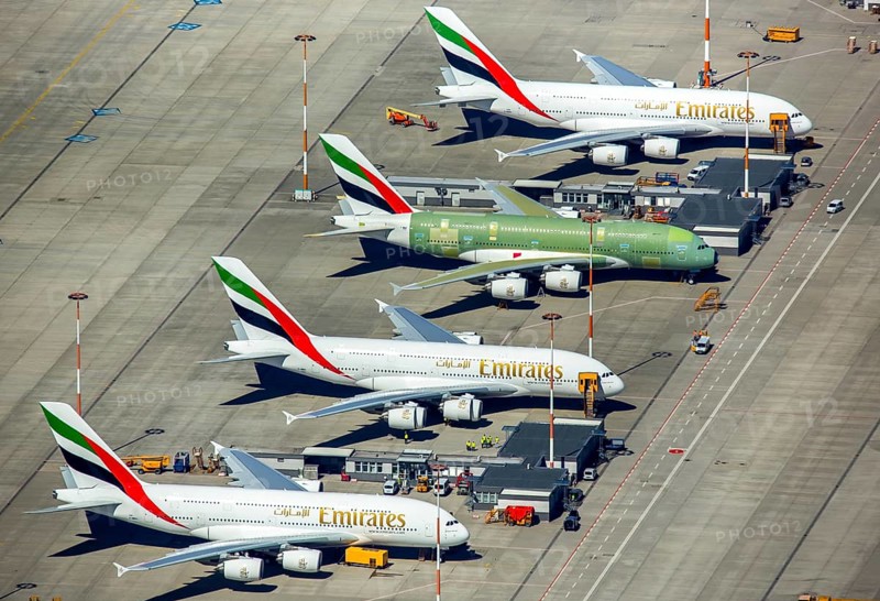 Airbus A380 for Emirates in front of completion on the apron, Finkenwerder Airport, Finkenwerder Airport, Hamburg, Free and Hanseatic City of Hamburg, Germany, Europe, aerial photograph, birds-eyes view, aerial photography, aerial photography, overview, bird's eye view