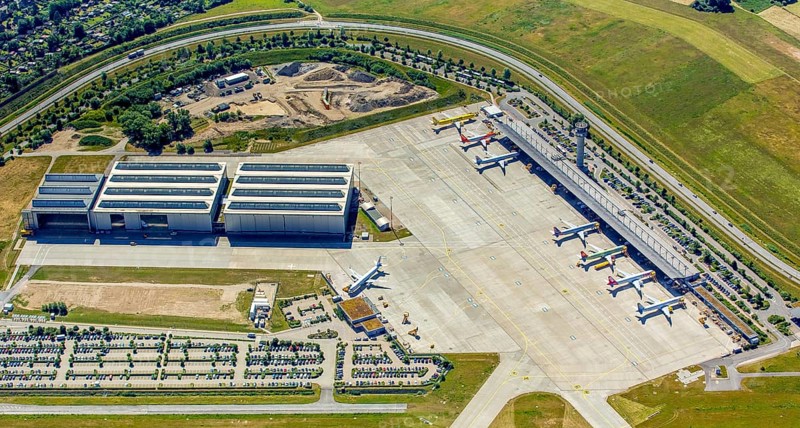Apron with Airbus aircraft and tower, Finkenwerder Airport, Finkenwerder Airport, Hamburg, Free and Hanseatic City of Hamburg, Germany, Europe, aerial view, birds-eyes view, aerial photography, aerial photography, overview, bird's eye view