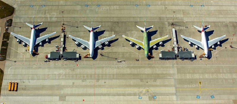 Airbus A380 for Emirates in front of completion on the apron, Finkenwerder Airport, Finkenwerder Airport, Hamburg, Free and Hanseatic City of Hamburg, Germany, Europe, aerial photograph, birds-eyes view, aerial photography, aerial photography, overview, bird's eye view
