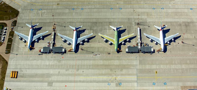 Airbus A380 for Emirates in front of completion on the apron, Finkenwerder Airport, Finkenwerder Airport, Hamburg, Free and Hanseatic City of Hamburg, Germany, Europe, aerial photograph, birds-eyes view, aerial photography, aerial photography, overview, bird's eye view