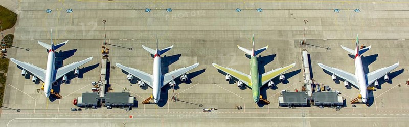 Airbus A380 for Emirates in front of completion on the apron, Finkenwerder Airport, Finkenwerder Airport, Hamburg, Free and Hanseatic City of Hamburg, Germany, Europe, aerial photograph, birds-eyes view, aerial photography, aerial photography, overview, bird's eye view