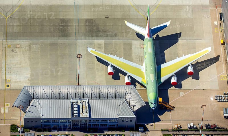 Airbus A380 for Emirates in front of completion on the apron, Finkenwerder Airport, Finkenwerder Airport, Hamburg, Free and Hanseatic City of Hamburg, Germany, Europe, aerial photograph, birds-eyes view, aerial photography, aerial photography, overview, bird's eye view