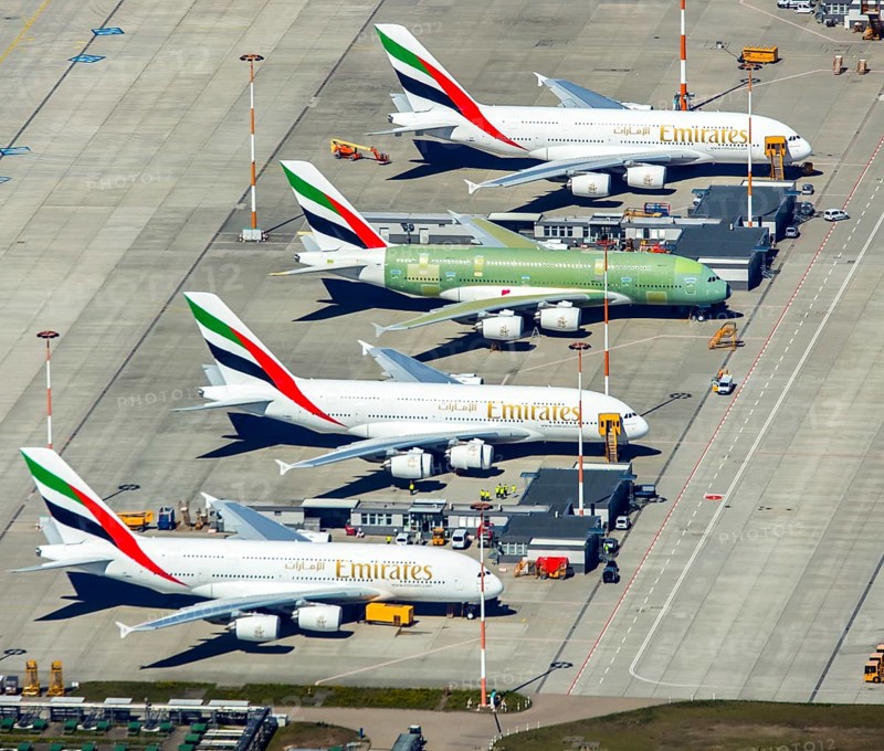 Airbus A380 for Emirates in front of completion on the apron, Finkenwerder Airport, Finkenwerder Airport, Hamburg, Free and Hanseatic City of Hamburg, Germany, Europe, aerial photograph, birds-eyes view, aerial photography, aerial photography, overview, bird's eye view