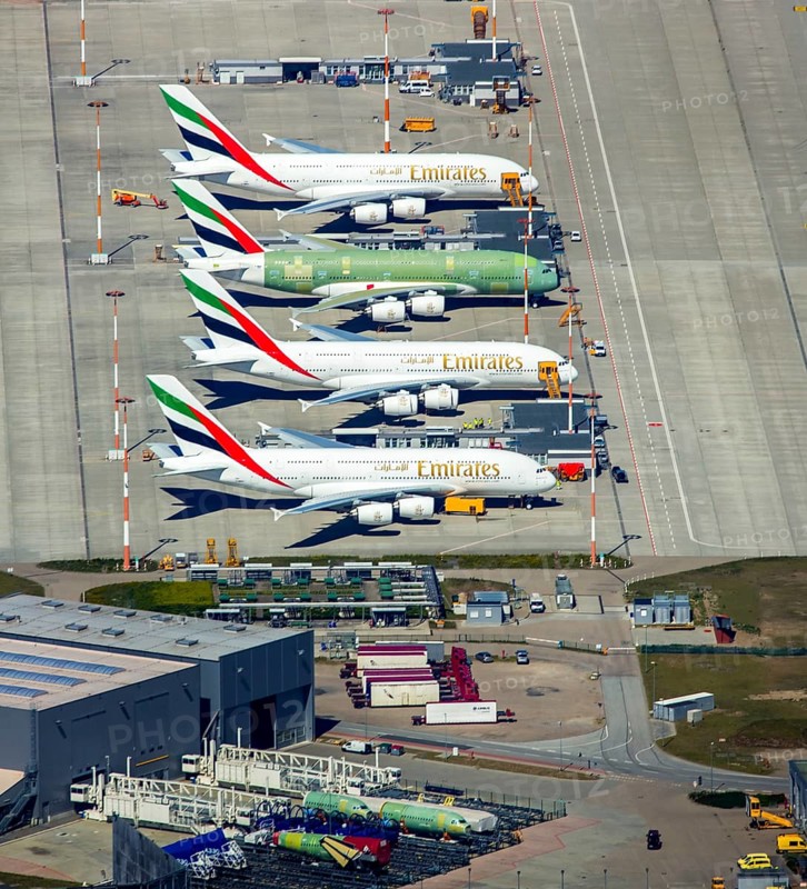 Airbus A380 for Emirates in front of completion on the apron, Finkenwerder Airport, Finkenwerder Airport, Hamburg, Free and Hanseatic City of Hamburg, Germany, Europe, aerial photograph, birds-eyes view, aerial photography, aerial photography, overview, bird's eye view