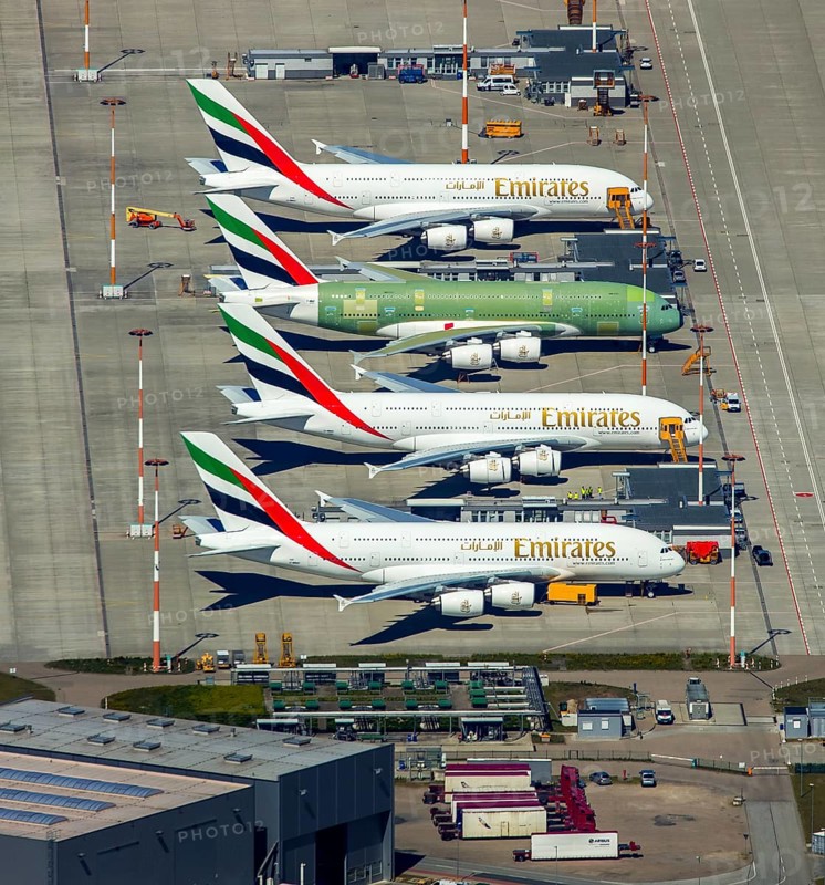 Airbus A380 for Emirates in front of completion on the apron, Finkenwerder Airport, Finkenwerder Airport, Hamburg, Free and Hanseatic City of Hamburg, Germany, Europe, aerial photograph, birds-eyes view, aerial photography, aerial photography, overview, bird's eye view