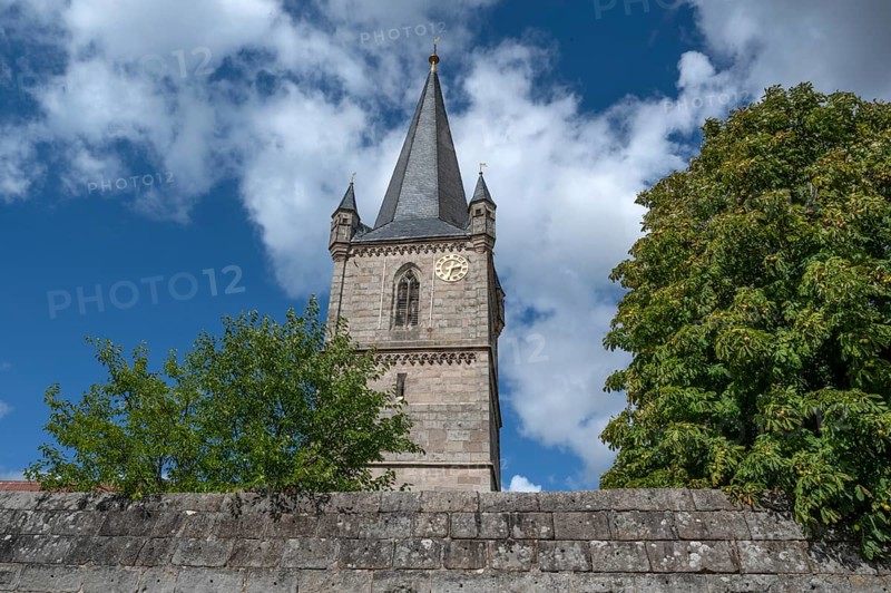 Tower of St. Mary's Pilgrimage Church, the third largest fortified church in Germany, built from 1461 to 1486, Hannberg, Middle Franconia, Bavaria, Germany