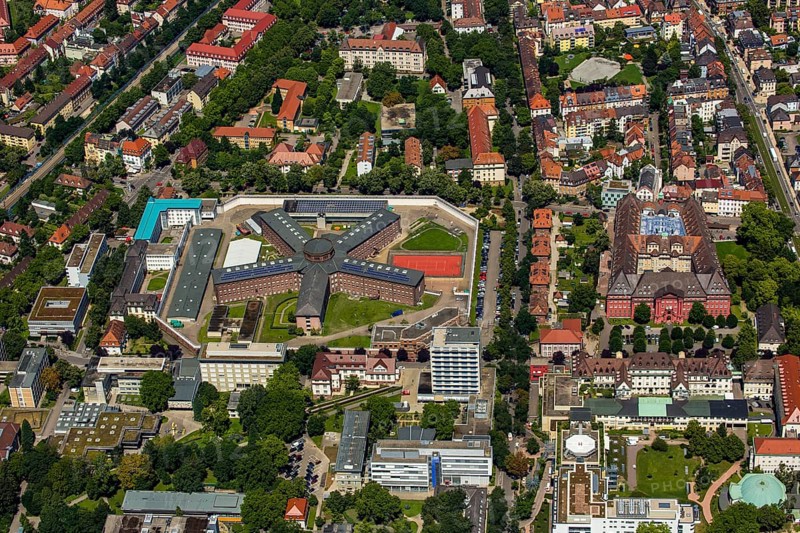 JVA Freiburg, Freiburg correctional facility, Freiburg prison, right Herderverlag Freiburg, book publisher, Freiburg im Breisgau, Breisgau, Baden-Württemberg, Germany, Europe, aerial photo, birds-eyes view, aerial photograph, aerial photography, aerial photography, overview, overview, bird's eye view, university city, trinational metropolitan region Upper Rhine