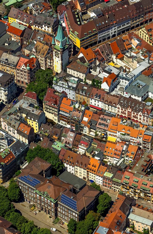 Old town of Freiburg with Schwabentor, Freiburg im Breisgau, Breisgau, Baden-Württemberg, Germany, Europe, aerial view, birds-eyes view, aerial photography, aerial photography, overview, bird's eye view, university city, trinational metropolitan region Upper Rhine