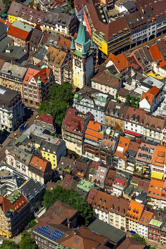 Old town of Freiburg with Schwabentor, Freiburg im Breisgau, Breisgau, Baden-Württemberg, Germany, Europe, aerial view, birds-eyes view, aerial photography, aerial photography, overview, bird's eye view, university city, trinational metropolitan region Upper Rhine
