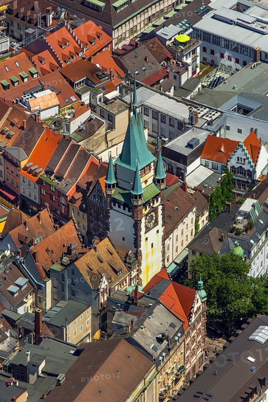 Old town of Freiburg with Schwabentor, Freiburg im Breisgau, Breisgau, Baden-Württemberg, Germany, Europe, aerial view, birds-eyes view, aerial photography, aerial photography, overview, bird's eye view, university city, trinational metropolitan region Upper Rhine