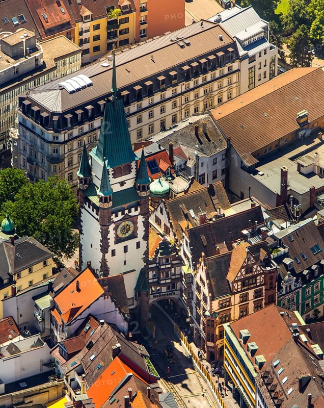Old town of Freiburg with Schwabentor, Freiburg im Breisgau, Breisgau, Baden-Württemberg, Germany, Europe, aerial view, birds-eyes view, aerial photography, aerial photography, overview, bird's eye view, university city, trinational metropolitan region Upper Rhine