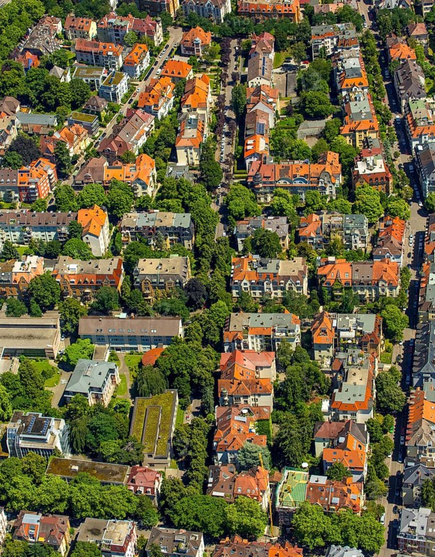 Residential buildings in Freiburg, Freiburg im Breisgau, Breisgau, Baden-Württemberg, Germany, Europe, aerial view, birds-eyes view, aerial photography, aerial photography, overview, bird's eye view, university city, trinational metropolitan region Upper Rhine