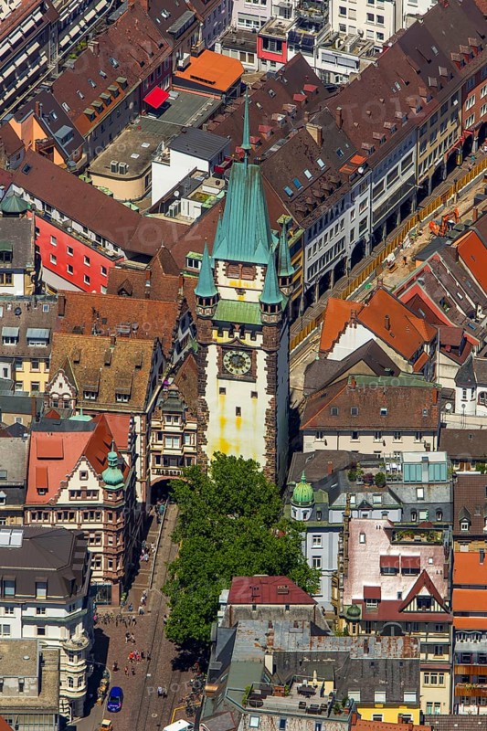 Old town of Freiburg with Schwabentor, Freiburg im Breisgau, Breisgau, Baden-Württemberg, Germany, Europe, aerial view, birds-eyes view, aerial photography, aerial photography, overview, bird's eye view, university city, trinational metropolitan region Upper Rhine