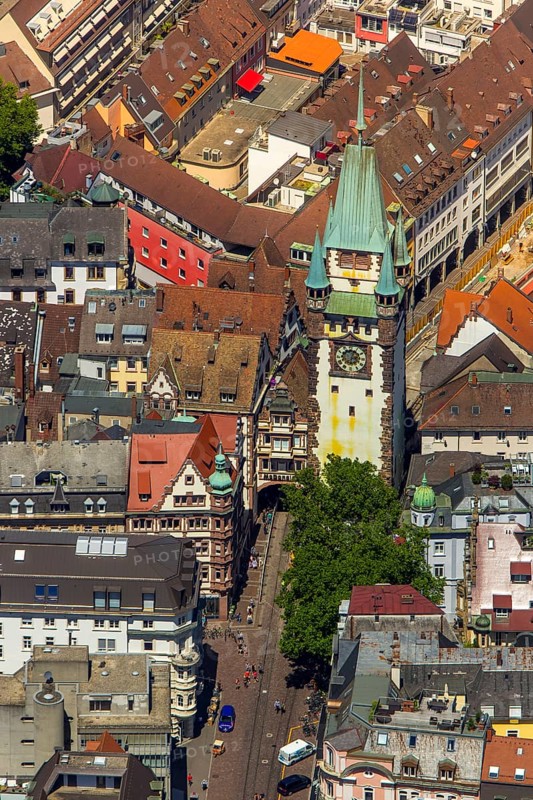 Old town of Freiburg with Schwabentor, Freiburg im Breisgau, Breisgau, Baden-Württemberg, Germany, Europe, aerial view, birds-eyes view, aerial photography, aerial photography, overview, bird's eye view, university city, trinational metropolitan region Upper Rhine