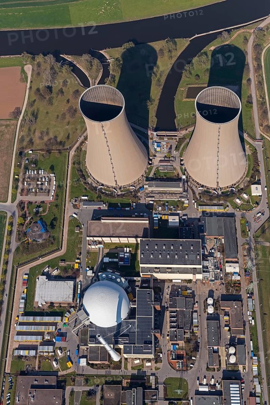 Nuclear power plant Grohnde, nuclear power plant, nuclear power plant on the Weser, cooling towers, pressurised water reactor of the company Siemens, KWG, aerial photograph, aerial photograph of Grohnde Emmerthal, Emmerthal, Lower Saxony, Germany, Europe, aerial photograph, birds-eyes view, aerial photograph, aerial photography, aerial photography, overview, bird's eye view