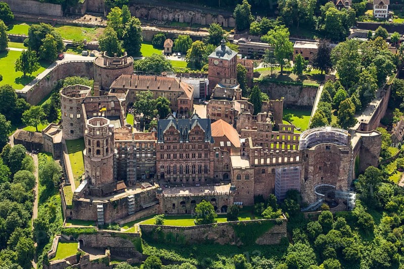 Heidelberg Castle, Heidelberg Castle, Heidelberg Castle Ruins, Heidelberg, Rhein-Neckar-Kreis, Baden-Württemberg, Germany, Europe, aerial view, birds-eyes view, aerial photography, aerial photography, overview, overview, bird's eye view
