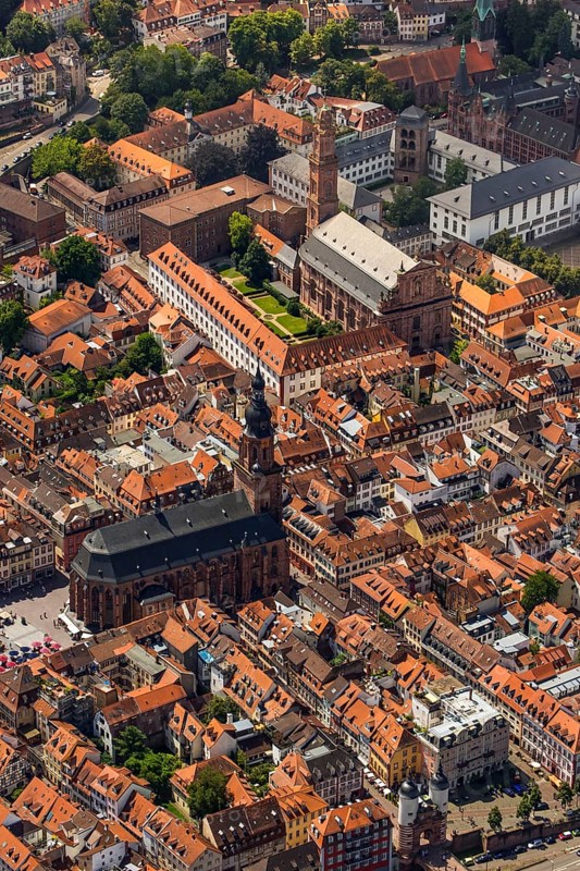 Heidelberg, in front Heiggeistkirche and in the background Heidelberg Jesuit Church, Rhein-Neckar-Kreis, Baden-Württemberg, Germany, Europe, aerial view, birds-eyes view, aerial photography, aerial photography, overview, overview, bird's eye view