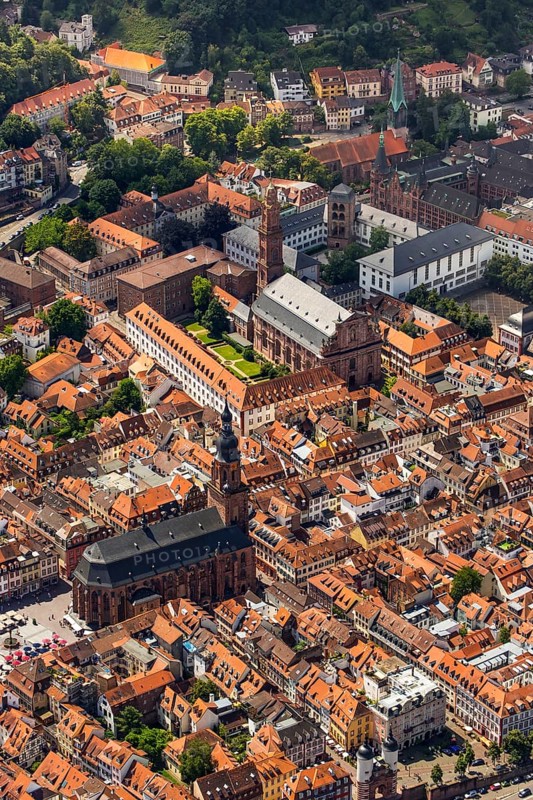 Heidelberg, in front Heiggeistkirche and in the background Heidelberg Jesuit Church, Rhein-Neckar-Kreis, Baden-Württemberg, Germany, Europe, aerial view, birds-eyes view, aerial photography, aerial photography, overview, overview, bird's eye view