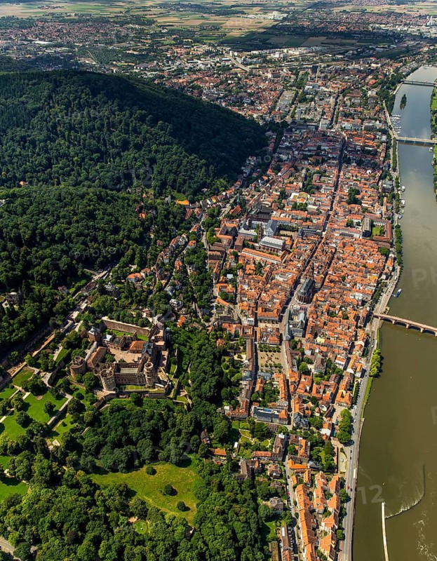 Overview of Heidelberg and the Neckar river with Old Bridge and Heiliggeistkirche, Heidelberg, Rhein-Neckar-Kreis, Baden-Württemberg, Germany, Europe, aerial view, birds-eyes view, aerial photography, aerial photography, overview, bird's eye view