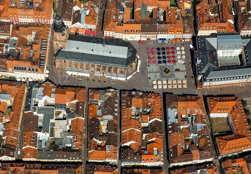 Heiliggeistkirche in Heidelberg Old Town with Old Bridge and Tor tor of the Old Bridge, Neckar, Heidelberg, Rhein-Neckar-Kreis, Baden-Württemberg, Germany, Europe, aerial view, birds-eyes view, aerial photography, aerial photography, overview, bird's eye view