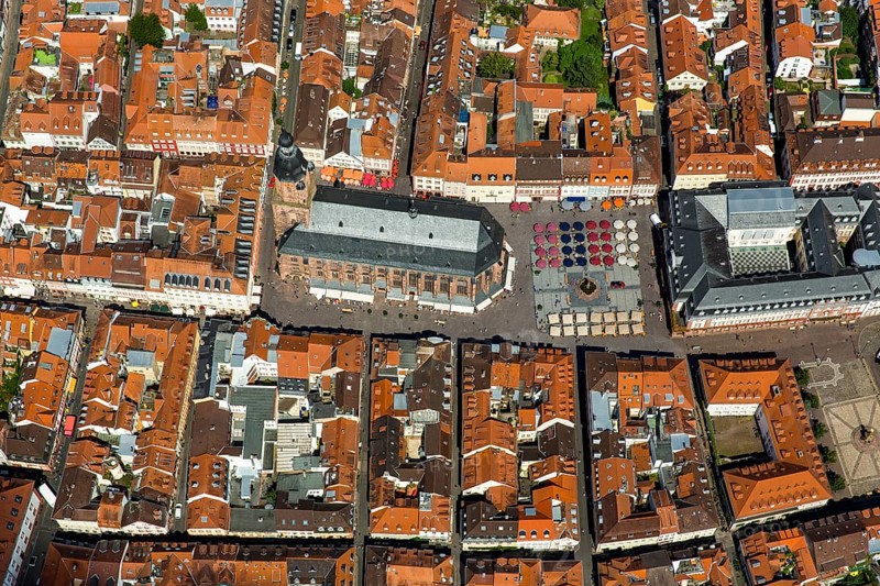Heiliggeistkirche in Heidelberg Old Town with Old Bridge and Tor tor of the Old Bridge, Neckar, Heidelberg, Rhein-Neckar-Kreis, Baden-Württemberg, Germany, Europe, aerial view, birds-eyes view, aerial photography, aerial photography, overview, bird's eye view