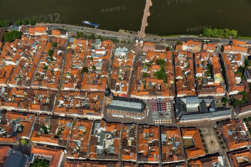 Heiliggeistkirche in Heidelberg Old Town with Old Bridge and Tor tor of the Old Bridge, Neckar, Heidelberg, Rhein-Neckar-Kreis, Baden-Württemberg, Germany, Europe, aerial view, birds-eyes view, aerial photography, aerial photography, overview, bird's eye view