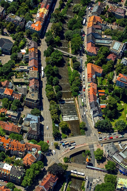 Schwabentor Bridge over the Dreisam, Freiburg im Breisgau, Breisgau, Baden-Württemberg, Germany, Europe, aerial view, birds-eyes view, aerial photography, aerial photography, overview, bird's-eye view, university city, trinational metropolitan region Upper Rhine