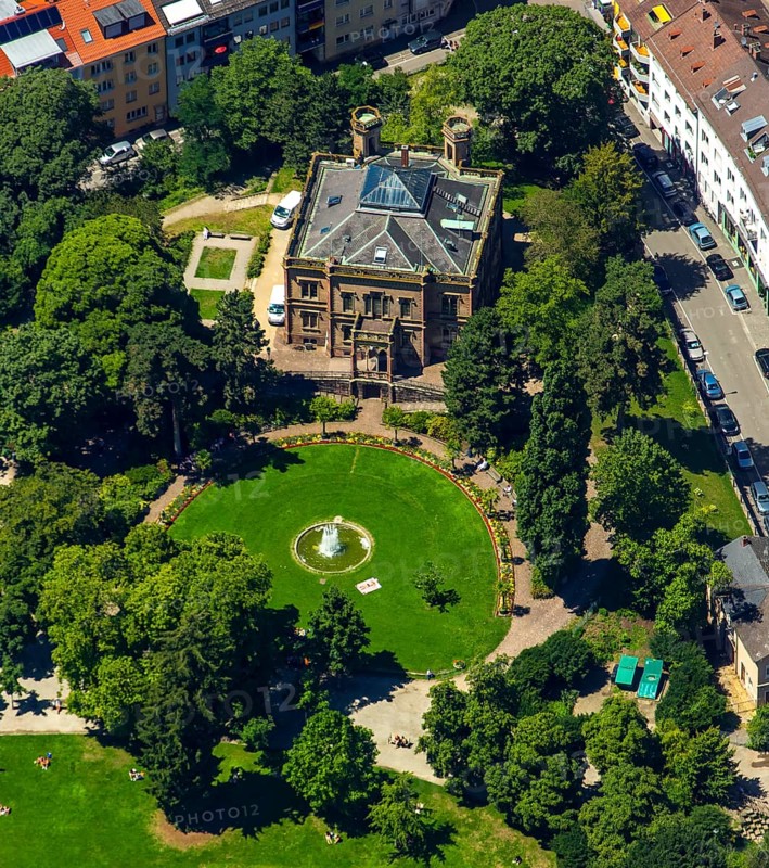 Colombischlössle manor house of Countess Maria Antonia Gertrudis von Zea Bermudez y Colombi, according to plans by Freiburg architect Georg Jakob Schneider, Tudor style, Freiburg im Breisgau, Breisgau, Baden-Württemberg, Germany, Europe, aerial view, birds-eyes view, aerial photograph, aerial photography, aerial photography, overview, bird's eye view, university town, trinational metropolitan region Upper Rhine
