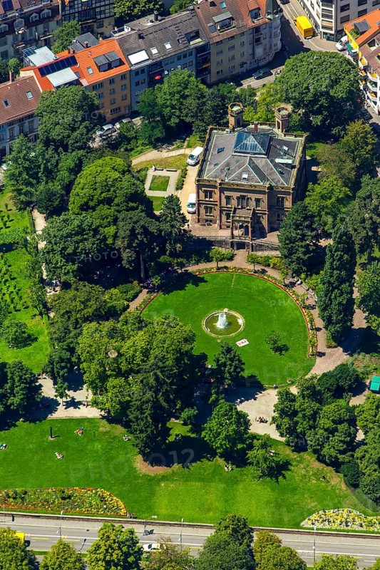 Colombischlössle manor house of Countess Maria Antonia Gertrudis von Zea Bermudez y Colombi, according to plans by Freiburg architect Georg Jakob Schneider, Tudor style, Freiburg im Breisgau, Breisgau, Baden-Württemberg, Germany, Europe, aerial view, birds-eyes view, aerial photograph, aerial photography, aerial photography, overview, bird's eye view, university town, trinational metropolitan region Upper Rhine