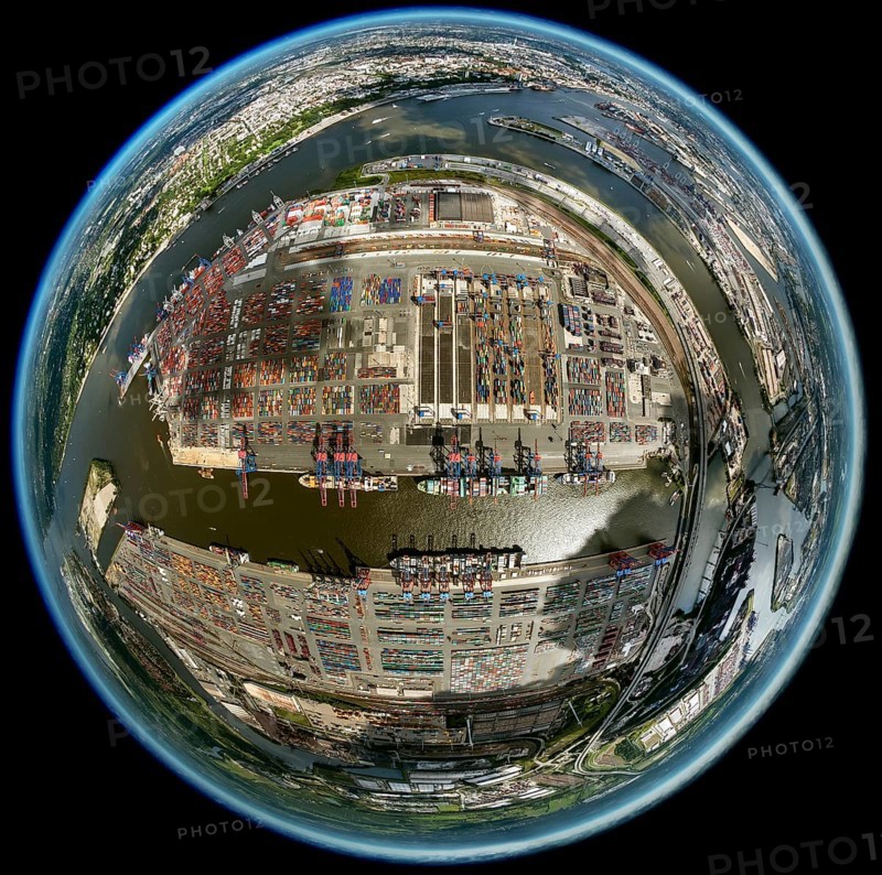 Container harbour, Waltershofer Hafen, container ships, Eurogate, Eurogate Container Terminal, Hamburg harbour, fisheye lens, fisheye, round picture, Hamburg, Germany, Europe, aerial view, birds-eyes view, aerial photography, aerial photography, overview, bird's eye view
