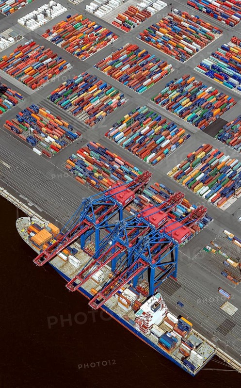 Container port, Waltershofer Hafen, container ships, Eurogate, Eurogate Container Terminal, Port of Hamburg, Hamburg, Germany, Europe, aerial view, birds-eyes view, aerial photography, aerial photography, overview, bird's eye view
