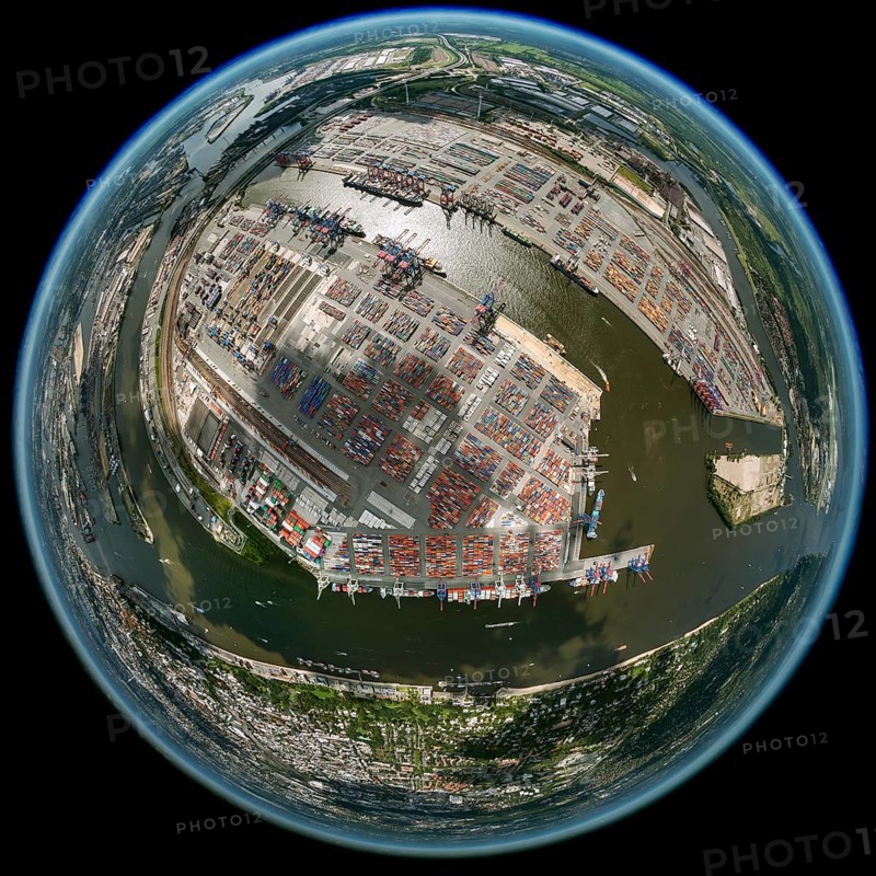 Container harbour, Waltershofer Hafen, container ships, Eurogate, Eurogate Container Terminal, Hamburg harbour, fisheye lens, fisheye, round picture, Hamburg, Germany, Europe, aerial view, birds-eyes view, aerial photography, aerial photography, overview, bird's eye view