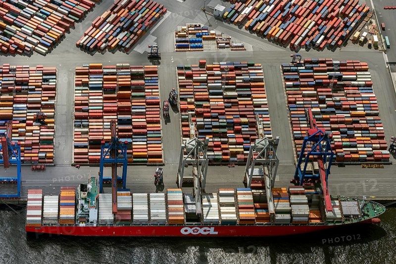 Container port, Waltershofer Hafen, container ships, Eurogate, Eurogate Container Terminal, Port of Hamburg, Hamburg, Germany, Europe, aerial view, birds-eyes view, aerial photography, aerial photography, overview, bird's eye view