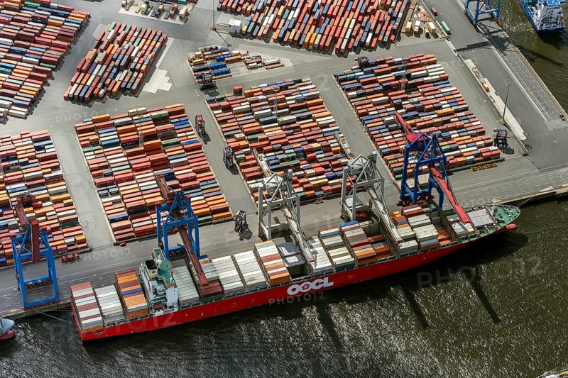 Container port, Waltershofer Hafen, container ships, Eurogate, Eurogate Container Terminal, Port of Hamburg, Hamburg, Germany, Europe, aerial view, birds-eyes view, aerial photography, aerial photography, overview, bird's eye view