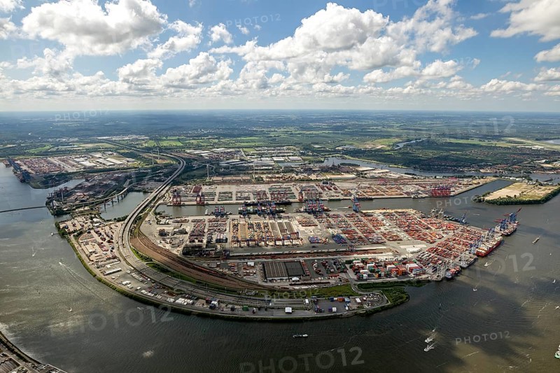 Container port, Waltershofer Hafen, container ships, Eurogate, Eurogate Container Terminal, Port of Hamburg, Hamburg, Germany, Europe, aerial view, birds-eyes view, aerial photography, aerial photography, overview, bird's eye view