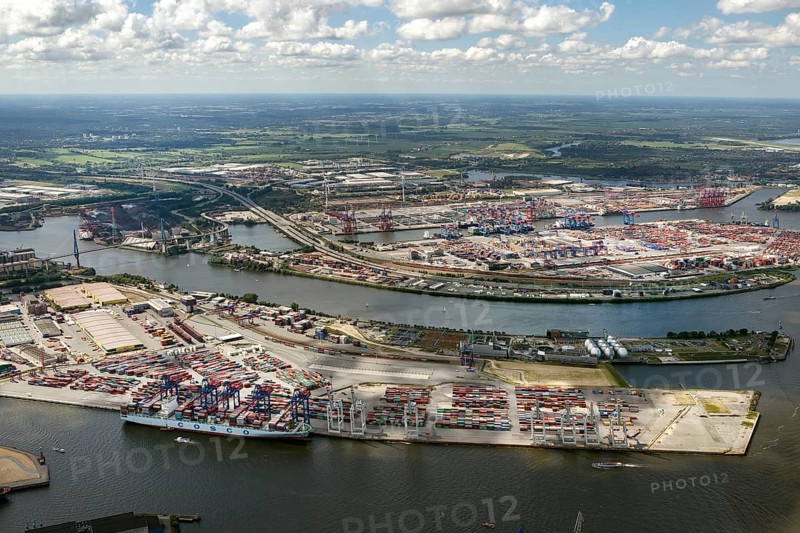 Container port, Waltershofer Hafen, container ships, Eurogate, Eurogate Container Terminal, Port of Hamburg, Hamburg, Germany, Europe, aerial view, birds-eyes view, aerial photography, aerial photography, overview, bird's eye view